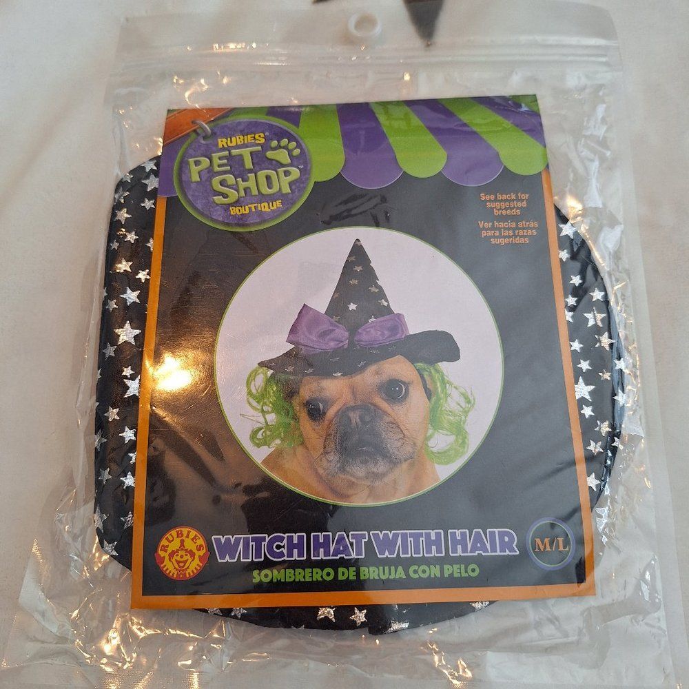 Dog Cat Witch Hat Costume with‎ Hair M/L Black Purple Green Silver Stars